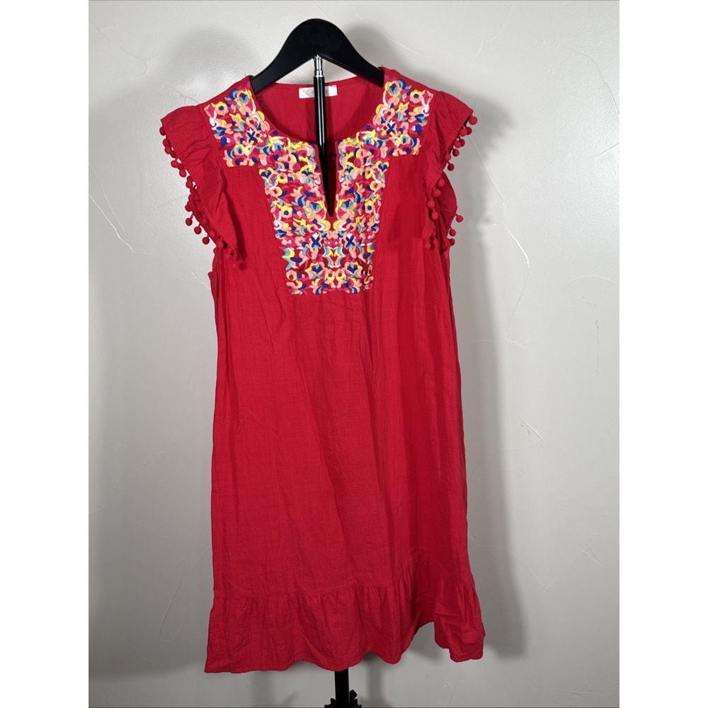 Women's Mexican Artisan Kirundo‎ Embroidered Flowers, Pom Sleeve Spring Dress, L